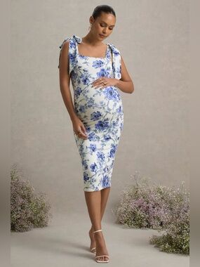 NEW Club L London Linnie Blue Floral Square Neck Maternity Midi Dress Size 12